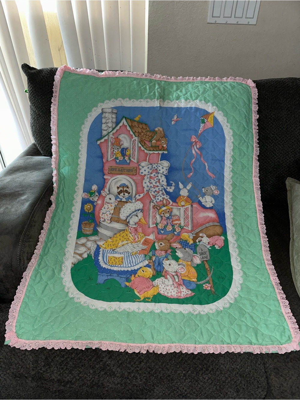 Vintage Mother Goose Nursery Rhymes Handmade Crib Quilt